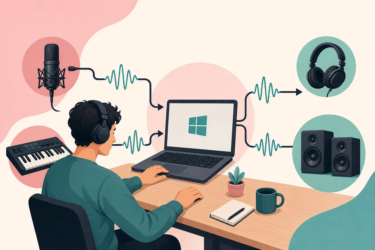 Redaktionelle Illustration eines Windows-Musikarbeitsplatzes mit Mikrofon, Keyboard, Kopfhörern und Lautsprechern