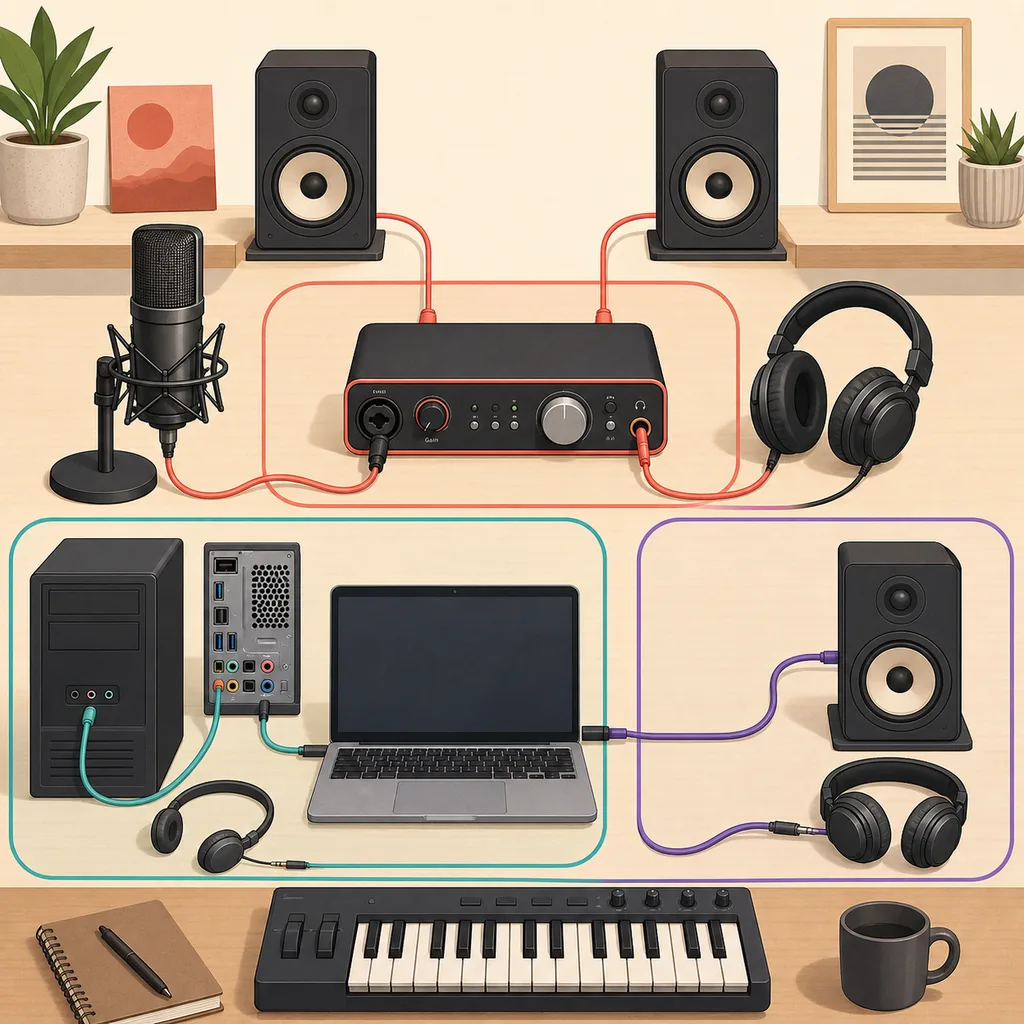 Ilustración editorial de una interfaz de audio, portátil, micrófono, altavoces y auriculares organizados como tres rutas de comparación