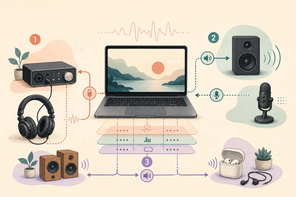 Ilustración editorial de tres rutas de audio de Windows alrededor de un portátil, una interfaz, un micrófono, altavoces y auriculares