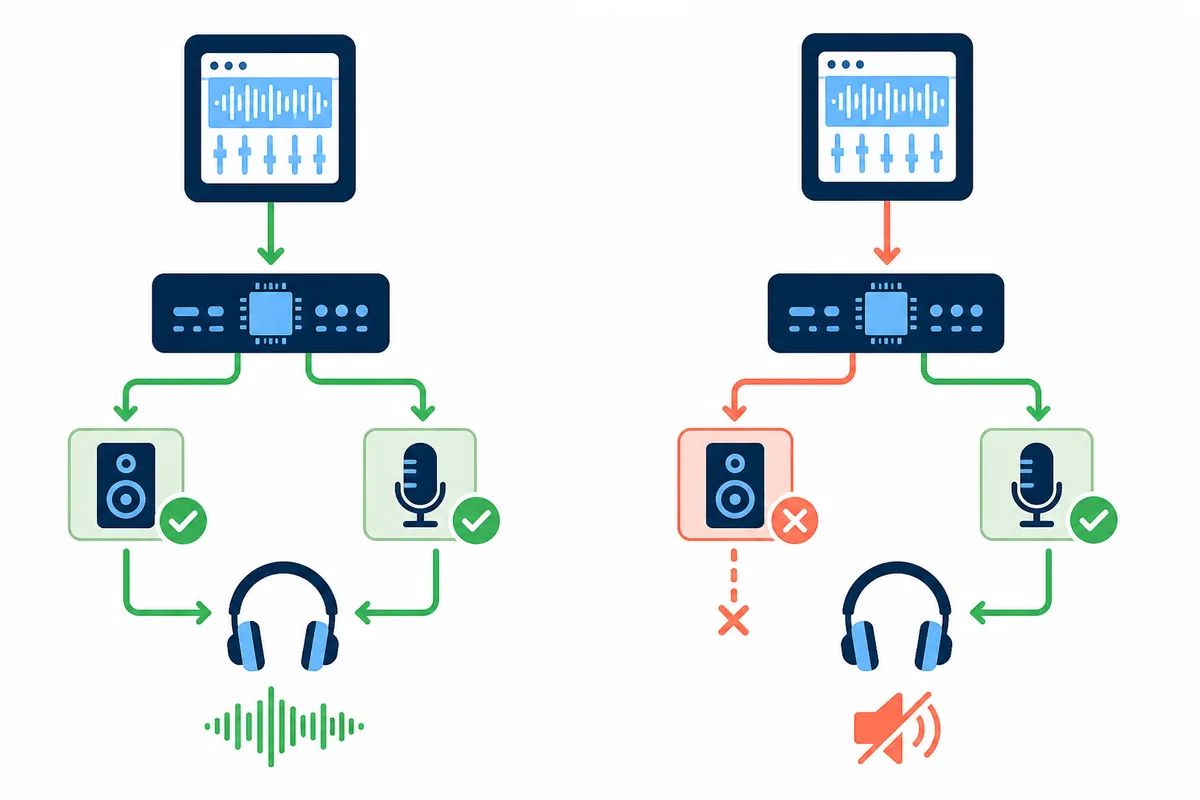 Editorial comparison illustration showing a working Cubase ASIO route and a disconnected output route