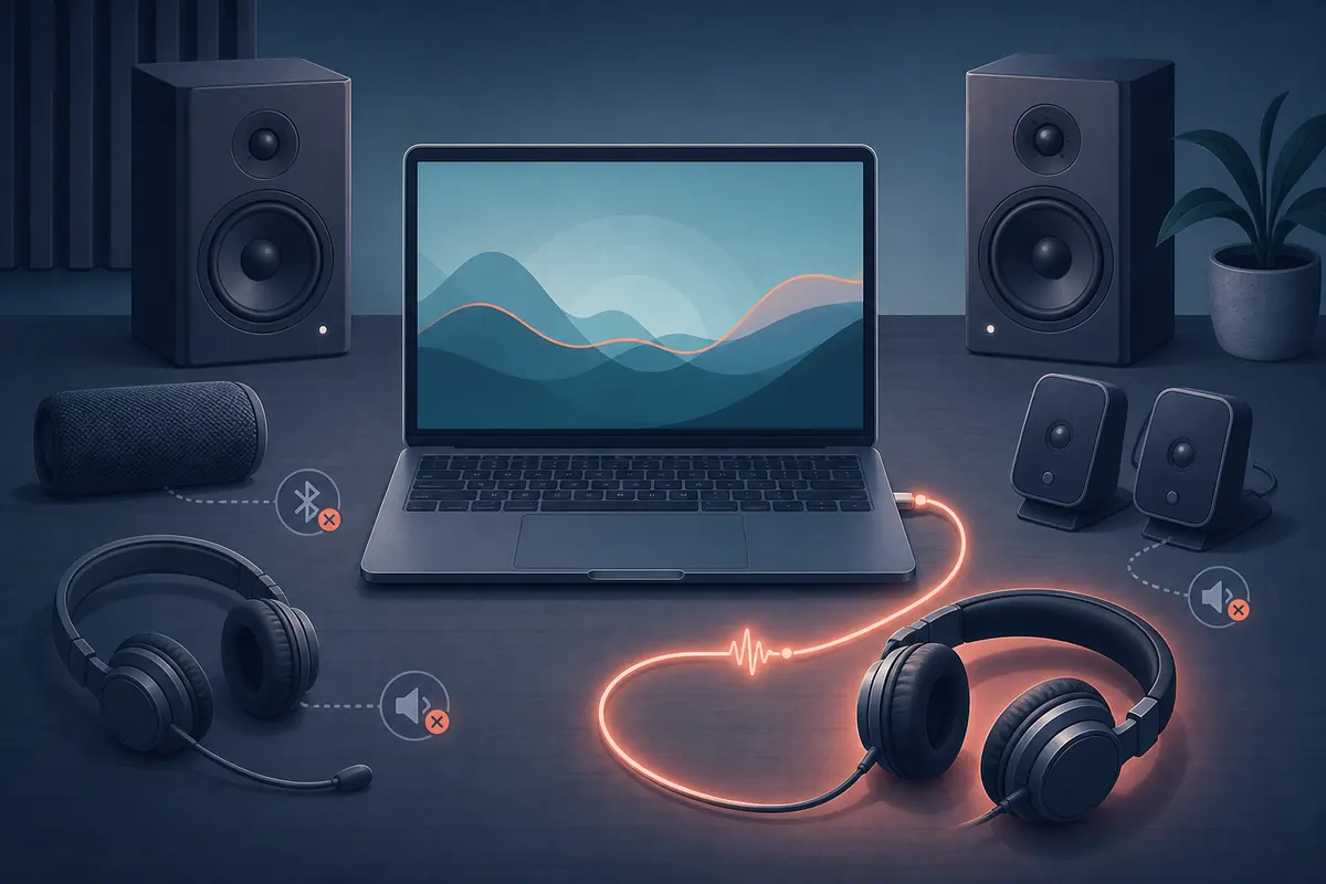 Redaktionelle Illustration eines ausgewählten Kopfhörer-Endpoints und anderer nicht verfügbarer Audiogeräte an einem Windows-Laptop
