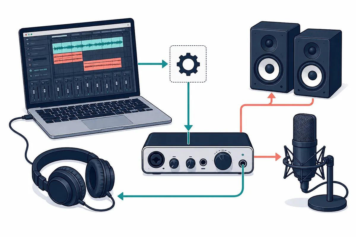 Redaktionelles Diagramm von DAW, Audio-Interface, Lautsprechern, Mikrofon und Kopfhörern mit hervorgehobenen Signalwegen