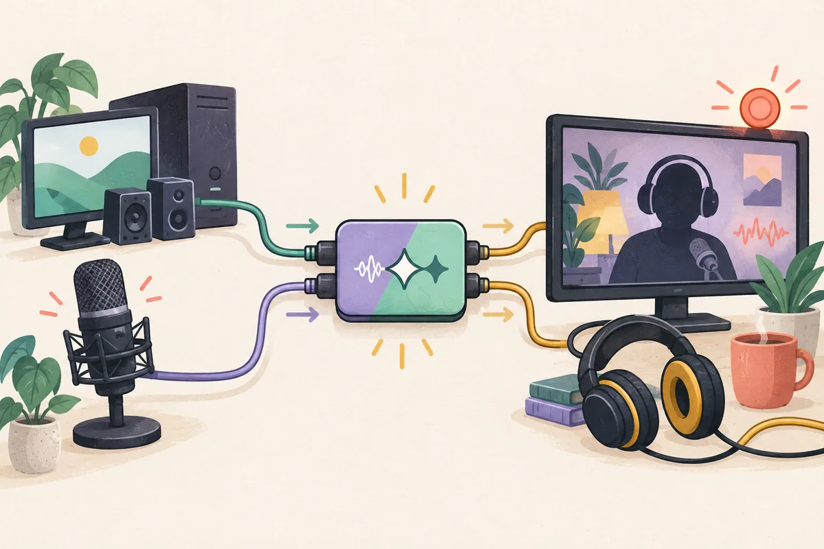 Ilustração editorial de um microfone e um dispositivo de áudio do Windows passando pelo ASIO4ALL até uma cena de gravação do OBS