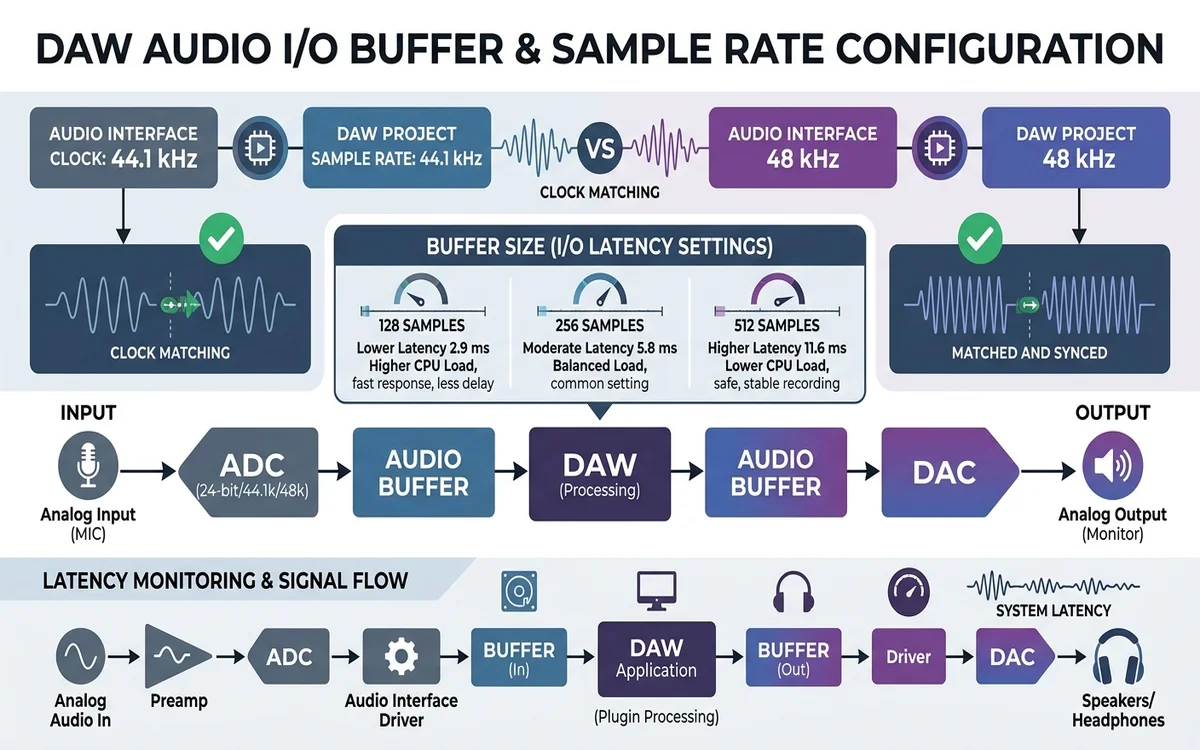 Technical diagram demonstrating sample rate matching, buffer size latency calculations, and I/O bus mapping in DAW software