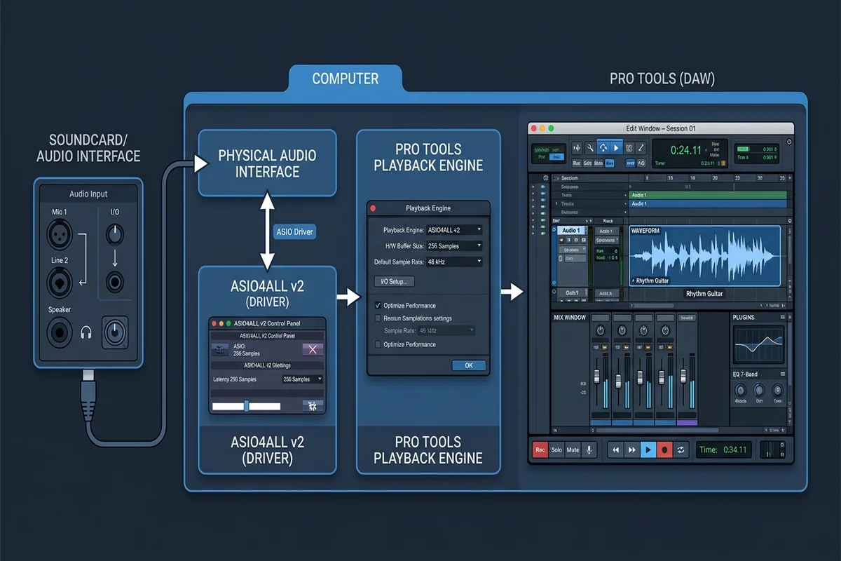Editorial illustration showing Pro Tools audio settings, signal flow through the ASIO4ALL bridge, and playback engine configuration
