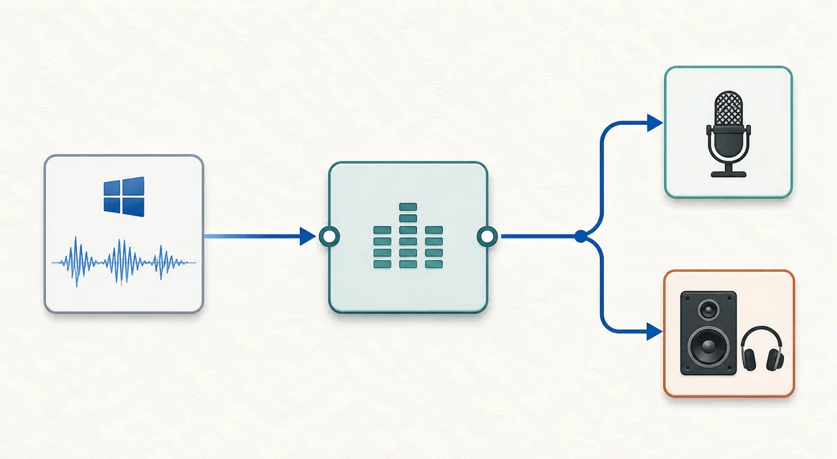 Editorial signal path from Room EQ Wizard through ASIO4ALL to a Windows WDM input and output