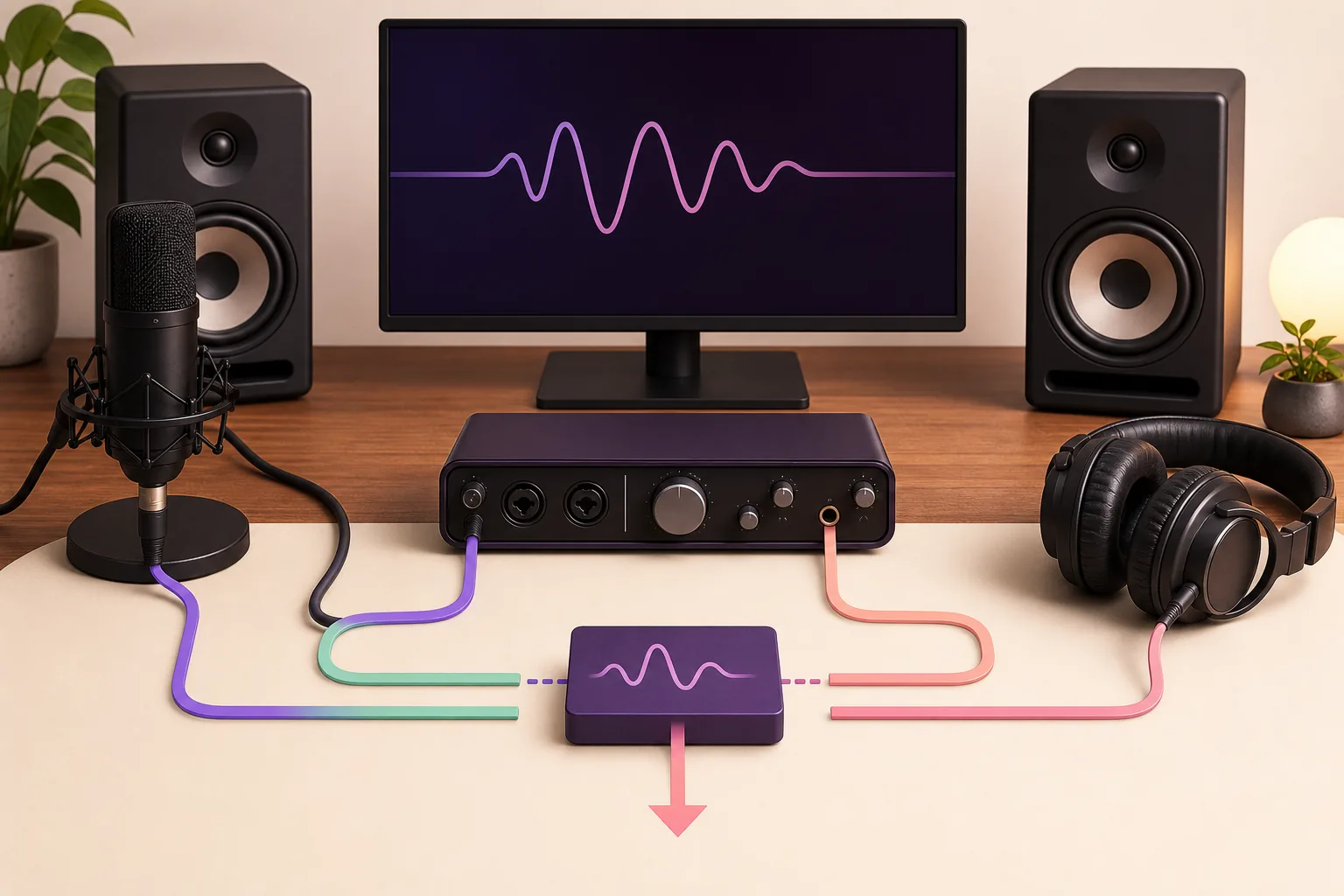 Editorial illustration showing an ASIO audio layer being detached while microphones, speakers, headphones, and an audio interface remain connected