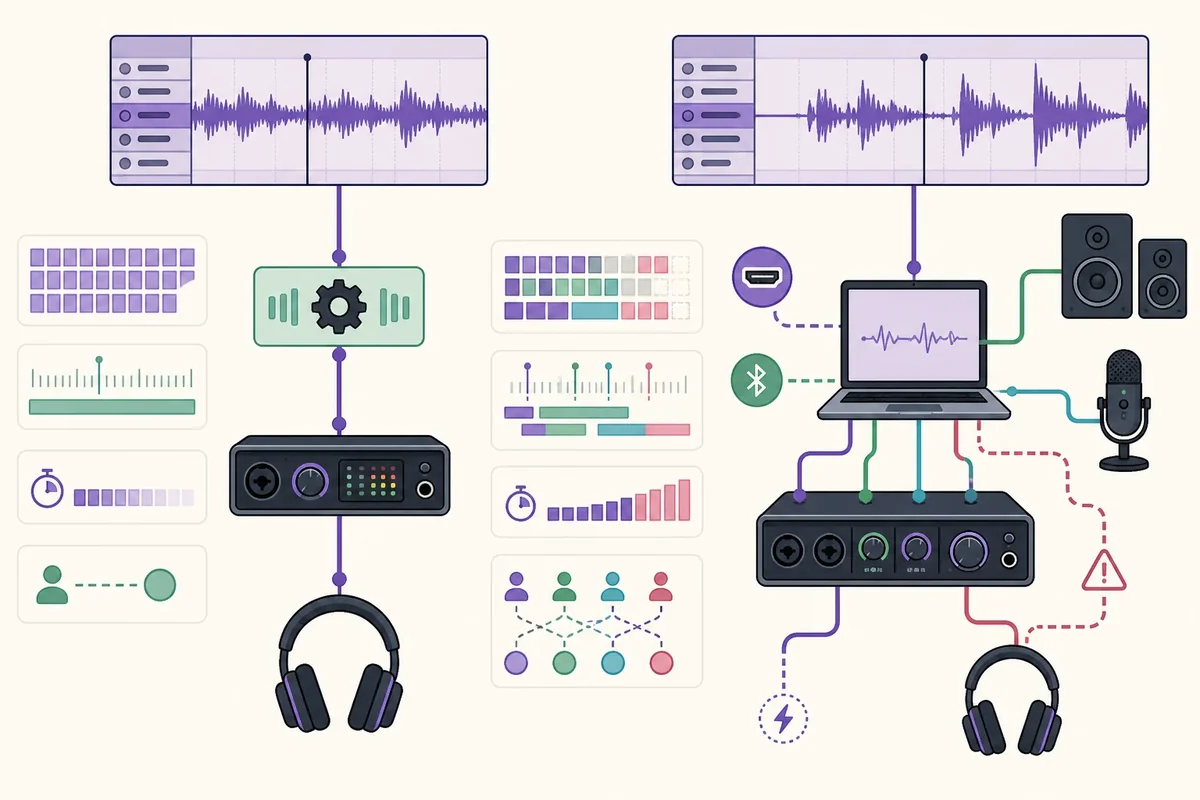 1台の安定した音声経路と複数デバイス経路、バッファーブロックを比較する編集部作成図