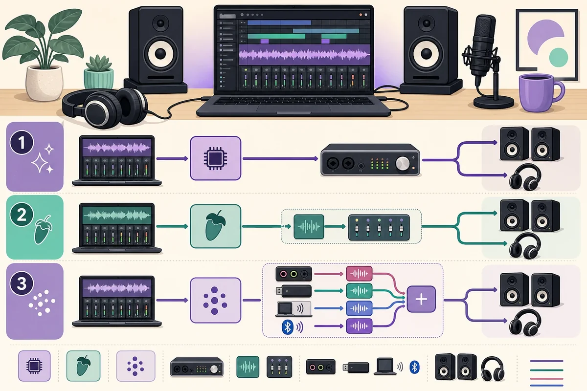 メーカー製ASIO、FL Studio ASIO、ASIO4ALLの音声経路を比較する編集部作成図