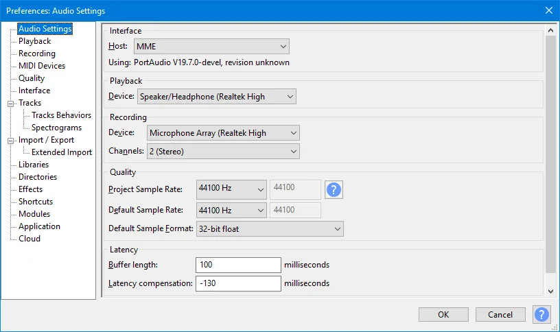 Audacity-Audioeinstellungen mit Host, Wiedergabegerät, Aufnahmegerät und Abtastrate